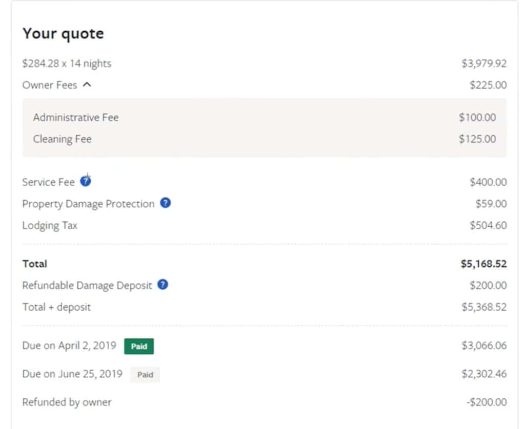 Line item VRBO invoice with costs of a beach rental for 2 weeks in Navarre Beach Florida